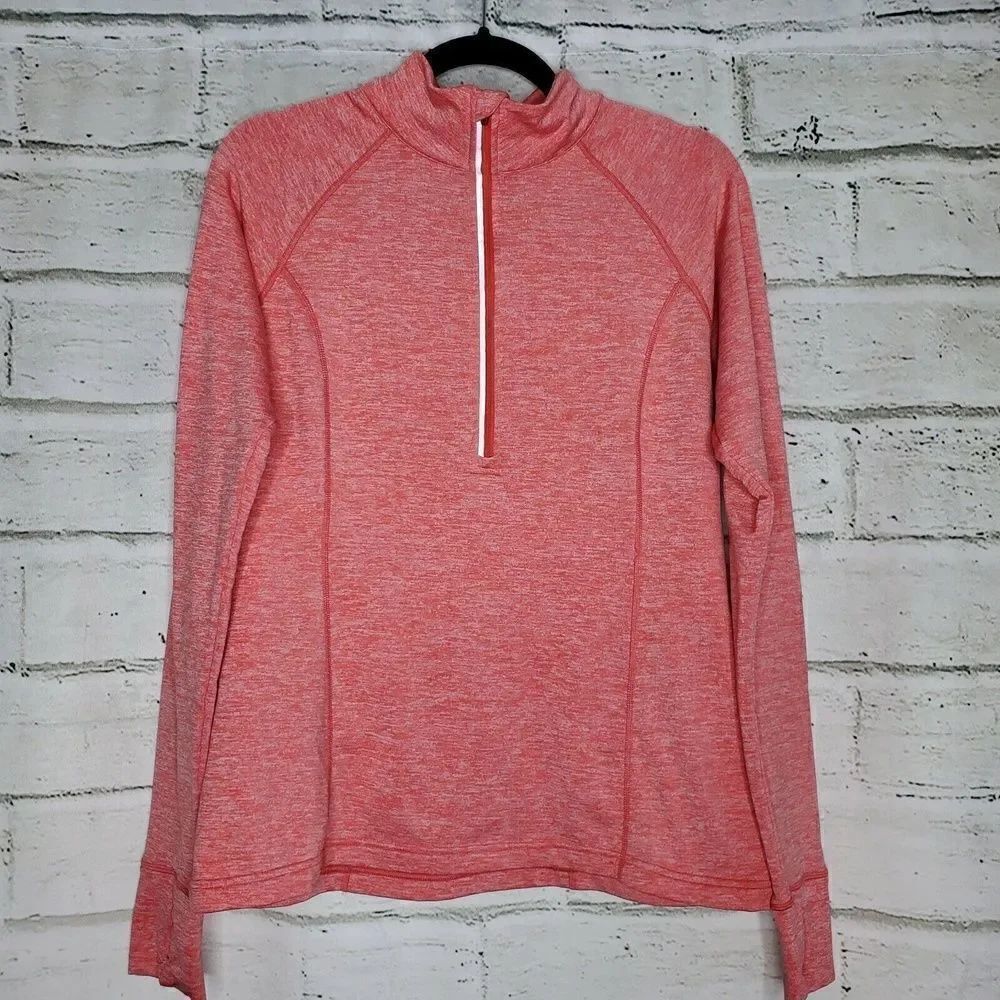 Lucy Medium Pullover Top Half Zip Pink White Marled Ruched Sleeves Athletic